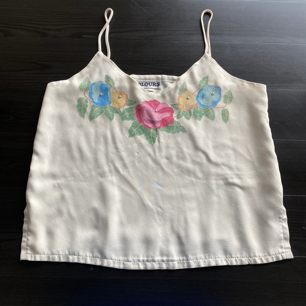90s Vintage Cami Large Colours Soft Romantic Cream Floral Boho Floral Made USA